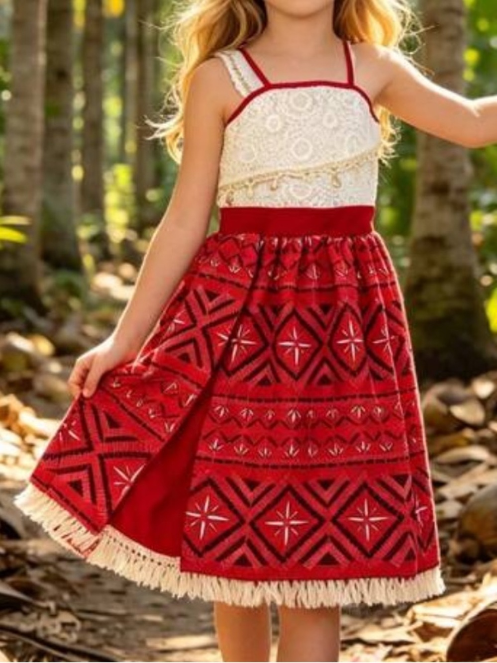 SHEIN Red & White Lace-Top Tassel Hem Summer Dress